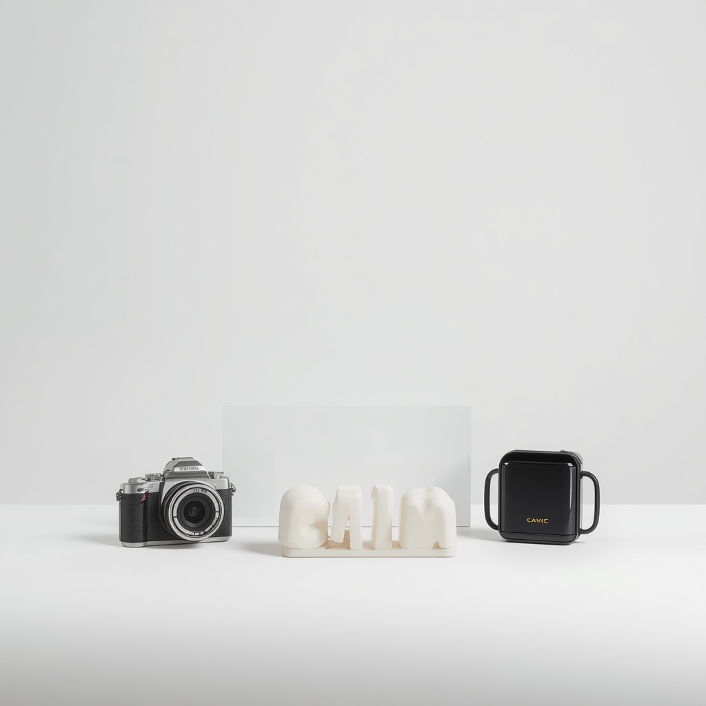 A clean product photography setup with a minimalist white background, soft diffused lighting, and high-end consumer electronics